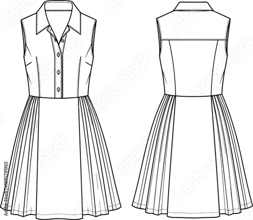 Women's sleeveless mini shirtdress technical flat sketch, featuring a classic collar, fitted bodice with button placket, and sharply knife-pleated A-line skirt, isolated vector illustration template.
