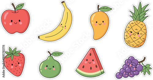 Cute kawaii fruit character sticker set featuring happy apple banana mango pineapple strawberry pear watermelon and grapes vector.
