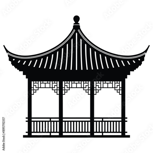 A black and white illustration of a traditional east asian pavilion