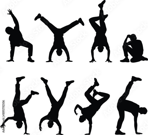 Breakdance street dancer silhouettes performing acrobatic moves, urban hip hop freestyle action poses, black minimal flat vector illustration