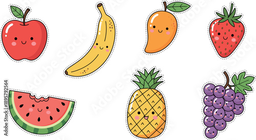 Cute kawaii fruit character sticker set featuring happy apple banana mango strawberry bitten watermelon pineapple and grapes vector.