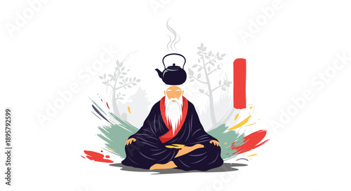 Colorful illustration of a wise old man with a long beard meditating with a black teapot balanced on his head.