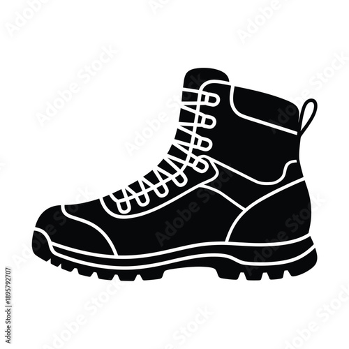 A single black and white silhouette of a high top hiking boot