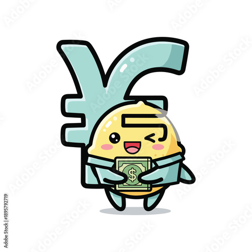 Cartoon character holding money with yen symbol