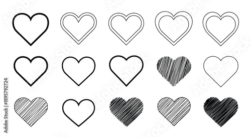 Set of fifteen different hand drawn heart shapes ranging from simple outlines to textured and scribbled designs.