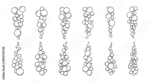 Set of vertical bubble clusters in black and white line art representing rising air bubbles in liquid or water.