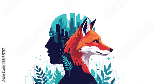 Creative profile merger of a human head a city skyline and an orange fox head representing city and nature.