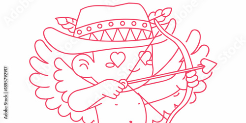 A charming cupid with a cowboy hat and bow outlined in red