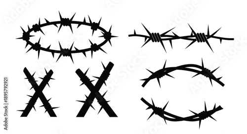Different variations of barbed wire silhouettes including a crown, crossed sticks, and single strands, symbolizing security, pain, or boundaries.