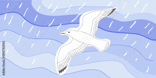 A white seagull in flight amidst blue waves and falling rain