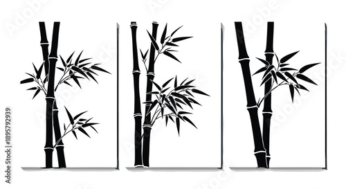 Three vertical panels featuring black bamboo stalks and leaves in a minimalist style, creating a zen atmosphere for home decor or interior design.