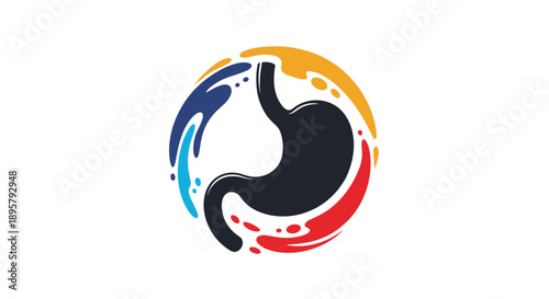 Stylized human stomach logo surrounded by colorful fluid splashes in blue, yellow, and red, representing digestive health, nutrition, and wellness.