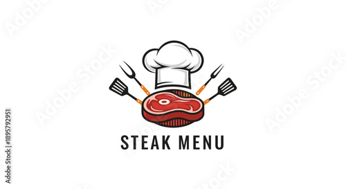 Gourmet steak menu logo featuring a cooked piece of meat, a chef hat, and grilling tools like a spatula and fork, designed for a restaurant.