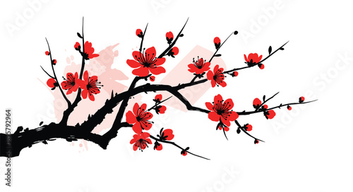 Beautiful cherry blossom branch with red flowers and black ink strokes, reflecting traditional asian artistic style for spring or floral designs.