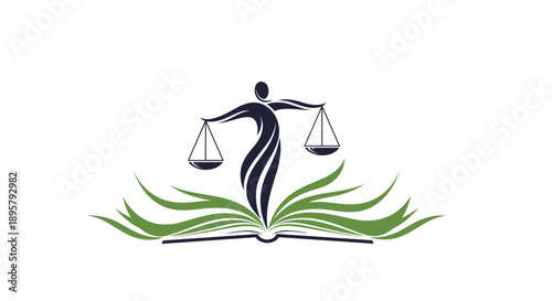 Legal logo design featuring a lady justice silhouette holding scales over an open book with green leaf accents, symbolizing law, equity, and nature.