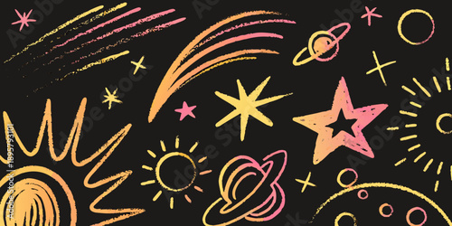 Colorful chalk drawing of space elements including stars planets and suns