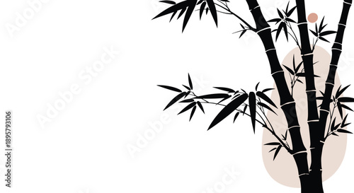 Elegant black bamboo branches and leaves silhouetted against a white background with soft abstract shapes, creating a modern oriental art piece.
