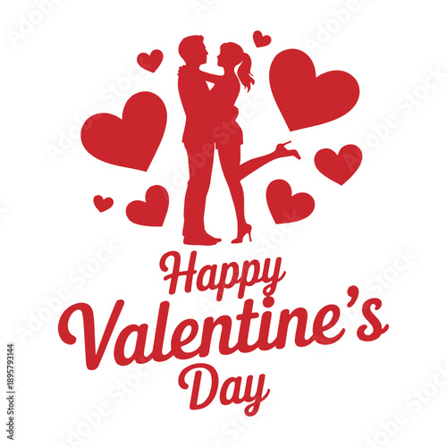 Romantic Couple Silhouette with Hearts – Happy Valentine’s Day Love Vector Illustration