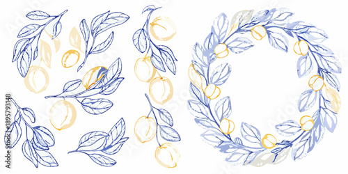 Delicate wreath and sprigs of lemons and leaves in a watercolor style