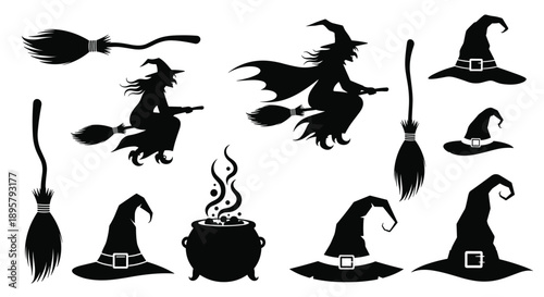 Collection of halloween silhouettes including witches on broomsticks, cauldrons, and various pointy hats, perfect for spooky festive decorations.