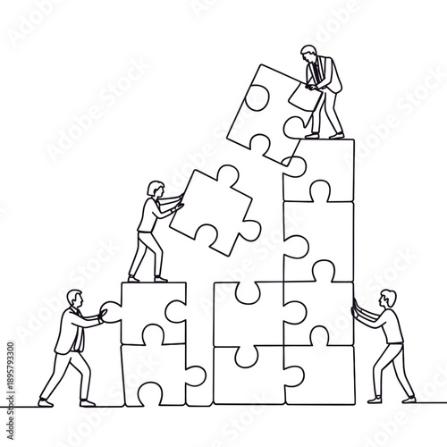 Teamwork concept people building a structure with interlocking puzzle pieces