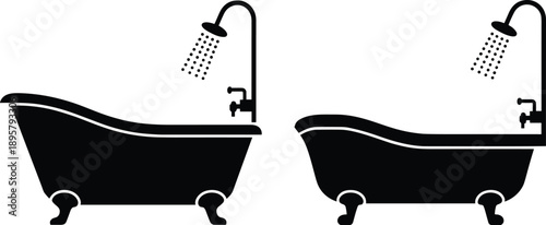 Classic clawfoot bathtub silhouette with shower head, vintage bathroom icon, minimal black white flat vector illustration for interior design concepts