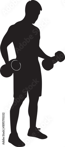 Silhouette of man holding dumbbells, illustration of weightlifting, strength training, and fitness exercise
