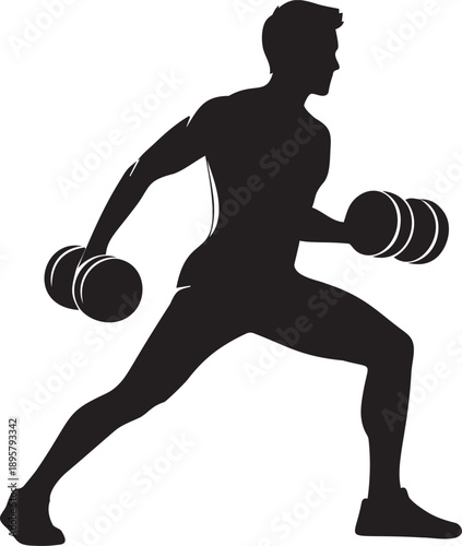 Athletic man lifting dumbbells silhouette performing strength training exercise for muscle building and fitness health goals