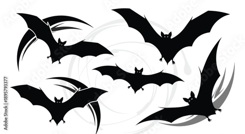 Group of bats flying in various poses with abstract swooping lines in the background, creating a dynamic and spooky scene for halloween themes.