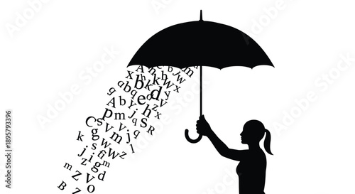 Silhouette of a woman holding an umbrella that is catching falling letters instead of rain, representing literature, writing, and inspiration.
