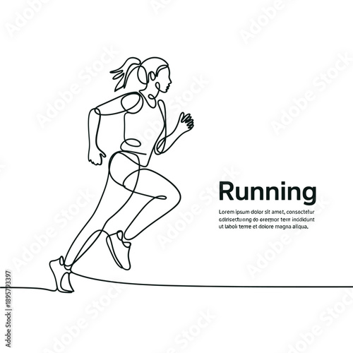 Minimalist line drawing depicts a woman actively running with text overlay