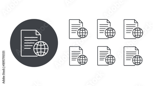 Collection of minimalist line icons representing global documents or international file transfer concepts