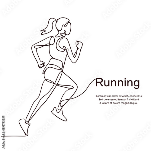 Continuous line drawing of a woman running with text overlay