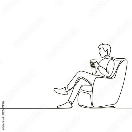 A continuous line drawing of a man relaxing in an armchair