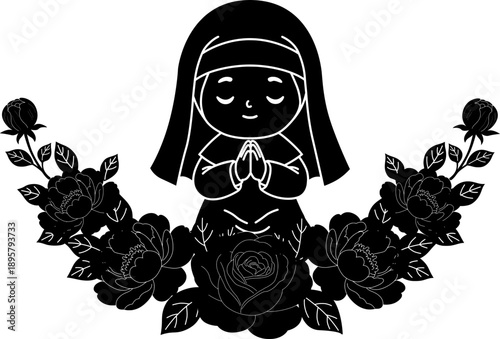 Cute Praying Nun Silhouette with Floral Wreath, Catholic Faith Illustration in Black and White