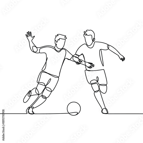 Continuous line drawing of two soccer players chasing a ball