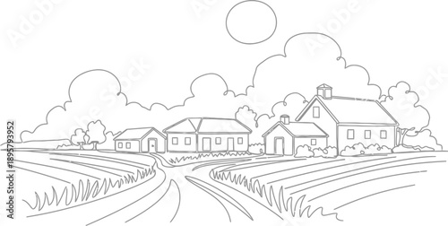 Rural Farm Landscape with Houses and Fields