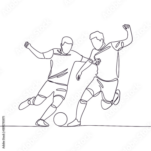 Continuous line drawing of two soccer players in dynamic action