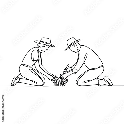 Continuous line drawing depicts two people gardening together outdoors