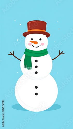 Cheerful snowman with hat and scarf against a pale blue backdrop with falling snow in vertical format