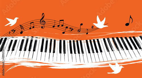 Stylized piano keyboard with flowing musical notes and white doves in flight set against a vibrant orange and textured background.