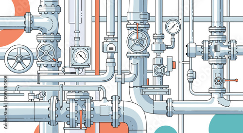 Detailed illustration of an industrial piping system featuring numerous pipes, valves, pressure gauges, and control wheels in a clean line style.
