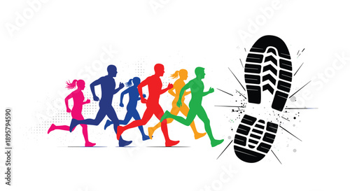Group of colorful silhouettes of people running alongside a giant black footprint representing athletic achievement and progress.