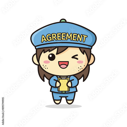 Cartoon character holding contract document with agreement hat