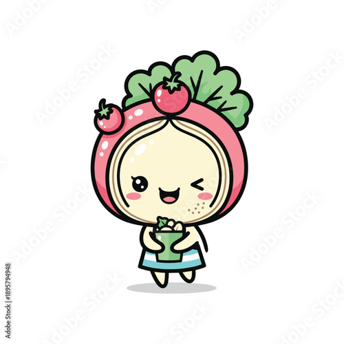 Adorable cartoon radish character enjoying a drink