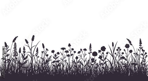Wide horizontal border featuring a dense and detailed silhouette of various meadow flowers, grasses, and weeds in black.