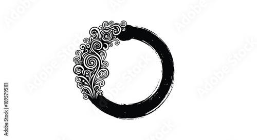Zen enso circle created with thick brush strokes and decorated with intricate spiraling ornament on one side.