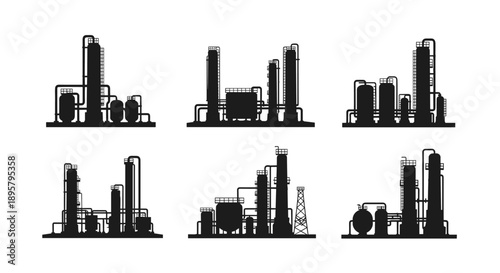 Set of six detailed silhouettes showing various industrial oil refineries chemical plants and factory buildings.