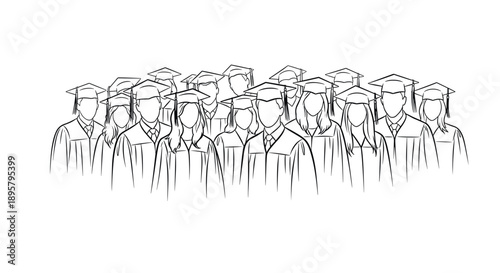 Simple line drawing of a group of graduates in traditional academic caps and gowns celebrating their achievement.