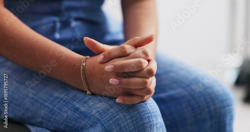 фотографія Hands, woman and nervous with stress for counseling session with emotional anxiety in therapy